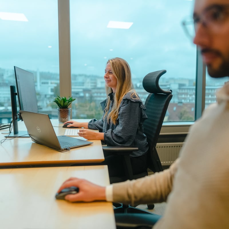 Two employees sitting on computers working.